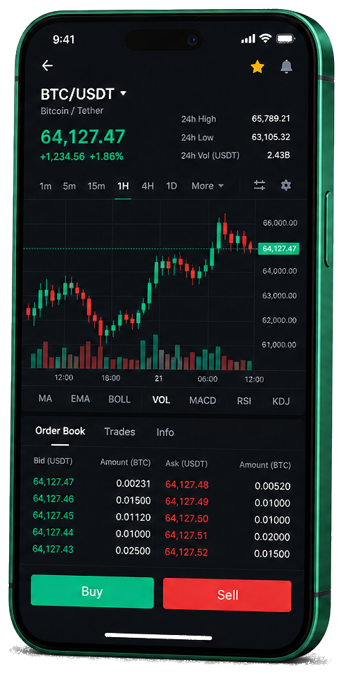 Plataforma de trading Quantora GPT en dispositivo móvil — gráfico BTC/USDT en directo, libro de órdenes e interfaz para comprar y vender